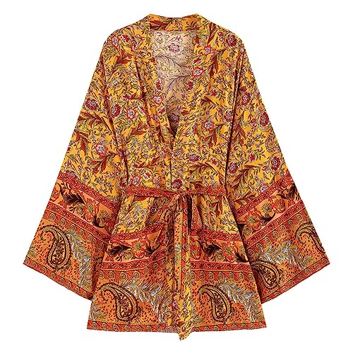 Youllyuu Vintage Boho Robes Floral Printed Bikini Cover Ups Bohemian Robes Loose Fit Schärpen Kimonos, Orange, 46 von Youllyuu