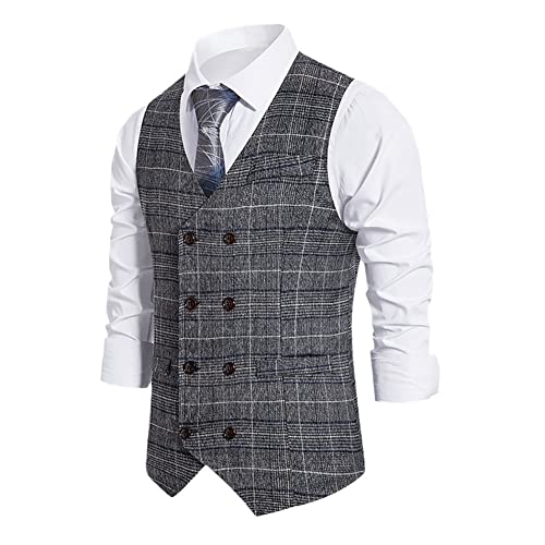 Youllyuu Zweireihiges Kleid Weste Herren Vintage Plaid Ärmellose Jacke Hochzeit Weste, gray9, M von Youllyuu