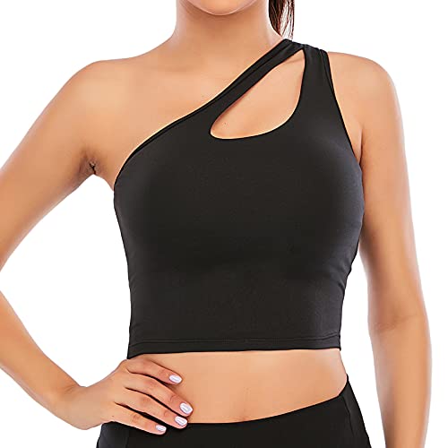 Youloveit One Shoulder Sport-BHs für Damen, mittlere Unterstützung, langes, gepolstertes Yoga-Tanktop mit eingebautem Sport-BH, schwarz, X-Large von Youloveit