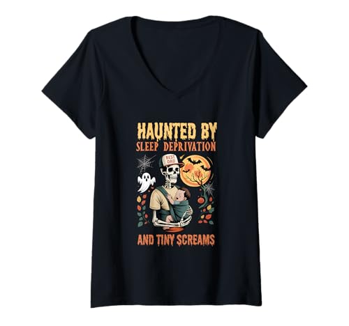 Damen Von Schlafentzug und winzigen Schreien heimgesucht, in den 90ern geborener Vater T-Shirt mit V-Ausschnitt von Young Dad Boo Crew Funny Ghost Cartoon Halloween