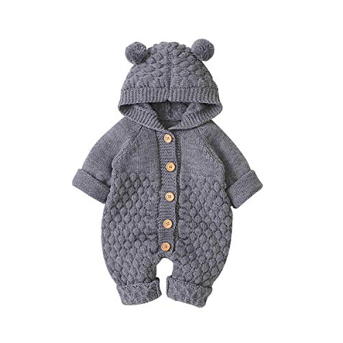 Neugeborenes Baby Mädchen Jungen Ohr Kapuze Langarm Gestrickte Kapuzenoverall Strampler Winter Babykleidung für 0-24 Monate (Grau, 0-6 Monate) von Young Forever