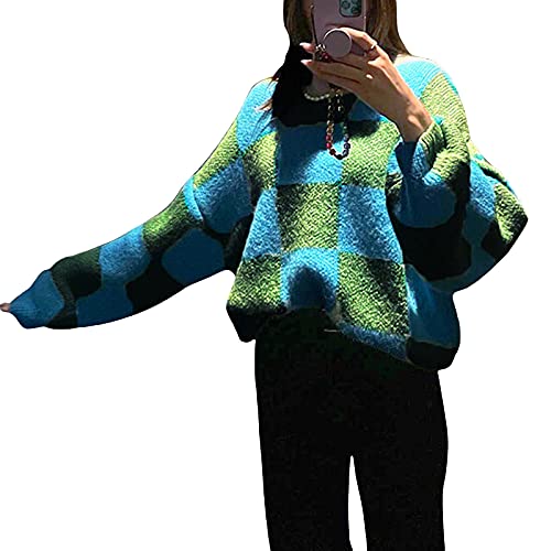 Young Forever Argyle Plaid Y2k Pullover Damen Sweater mit V-Ausschnitt Vintage Strickpullover 90er Harajuku Strickwaren Herbst Winter (F-Grün, L) von Young Forever