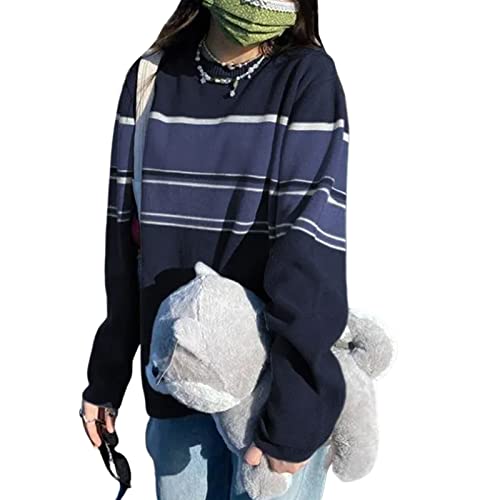 Young Forever Argyle Plaid Y2k Pullover Damen Sweater mit V-Ausschnitt Vintage Strickpullover 90er Harajuku Strickwaren Herbst Winter (J-Blau, M) von Young Forever