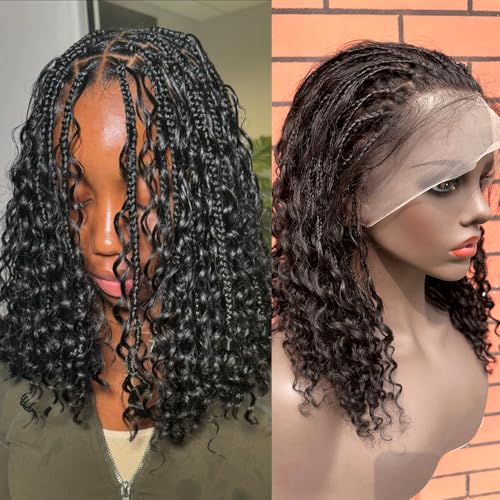 YOUNG BEAUTY Geflochtene Perücke, Echthaar, Boho-Box, geflochtene volle Spitze, transparente Spitze, knotenlose Zöpfe, Perücke für schwarze Frauen, 300 Dichte, für Frauen von Young beauty