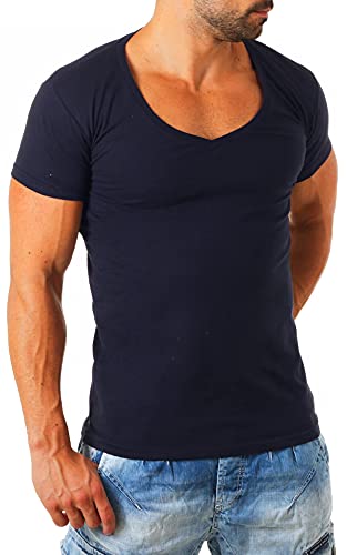 Young & Rich Herren Uni T-Shirt mit extra tiefem V-Ausschnitt Slimfit deep V-Neck Stretch dehnbar Basic Shirt 1315, Grösse:3XL, Farbe:Dunkelblau von Young&Rich