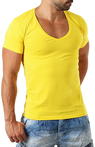 Young & Rich Herren Uni T-Shirt mit extra tiefem V-Ausschnitt Slimfit deep V-Neck Stretch dehnbar Basic Shirt 1315, Grösse:L, Farbe:Gelb von Young&Rich