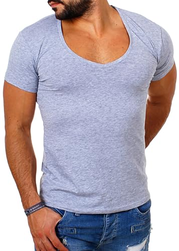 Young & Rich Herren Uni T-Shirt mit extra tiefem V-Ausschnitt Slimfit deep V-Neck Stretch dehnbar Basic Shirt 1315, Grösse:L, Farbe:Grau von Young & Rich