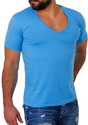 Young & Rich Herren Uni T-Shirt mit extra tiefem V-Ausschnitt Slimfit deep V-Neck Stretch dehnbar Basic Shirt 1315, Grösse:L, Farbe:Türkis von Young&Rich