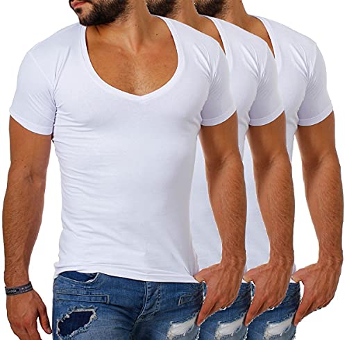 Young & Rich/Rerock Herren Uni T-Shirt mit extra tiefem V-Ausschnitt Slimfit deep V-Neck Stretch dehnbar einfarbiges Basic Shirt, Grösse:L, Farbe:Weiß - 3 Stück von Young&Rich