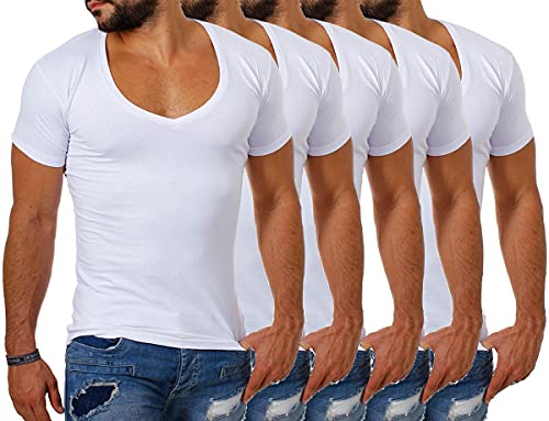 Young & Rich/Rerock Herren Uni T-Shirt mit extra tiefem V-Ausschnitt Slimfit deep V-Neck Stretch dehnbar einfarbiges Basic Shirt, Grösse:L, Farbe:Weiß - 5 Stück von Young&Rich