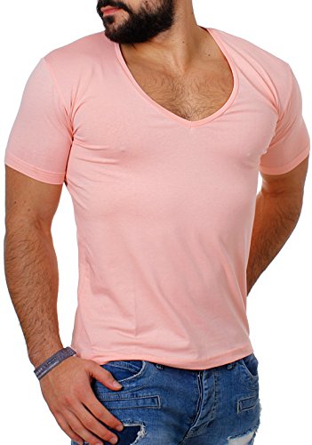 Young & Rich Herren Uni T-Shirt mit extra tiefem V-Ausschnitt Slimfit deep V-Neck Stretch dehnbar Basic Shirt 1315, Grösse:M, Farbe:Rosa von Young & Rich