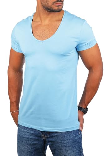 Young & Rich Herren Uni T-Shirt mit extra tiefem V-Ausschnitt Slimfit deep V-Neck Stretch dehnbar Basic Shirt 1315, Grösse:S, Farbe:Hellblau von Young&Rich