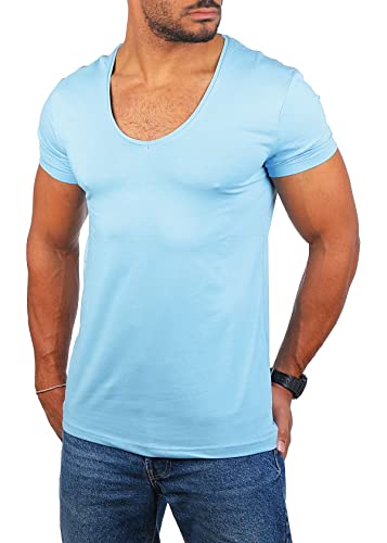 Young & Rich Herren Uni T-Shirt mit extra tiefem V-Ausschnitt Slimfit deep V-Neck Stretch dehnbar Basic Shirt 1315, Grösse:XL, Farbe:Hellblau von Young&Rich