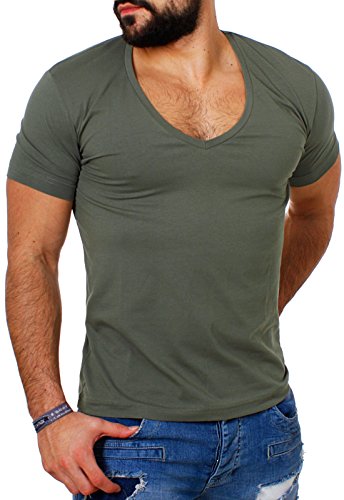 Young & Rich Herren Uni T-Shirt mit extra tiefem V-Ausschnitt Slimfit deep V-Neck Stretch dehnbar Basic Shirt 1315, Grösse:3XL, Farbe:Military-Green von Young&Rich