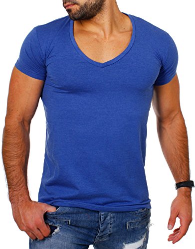 Young & Rich Herren Uni T-Shirt mit extra tiefem V-Ausschnitt Slimfit deep V-Neck Stretch dehnbar Basic Shirt 1315, Grösse:L, Farbe:blau-Melange von Young&Rich