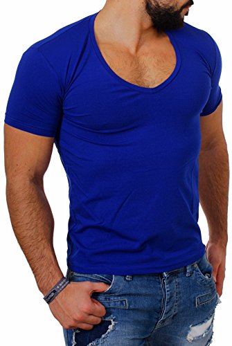 Young & Rich Herren Uni T-Shirt mit extra tiefem V-Ausschnitt Slimfit deep V-Neck Stretch dehnbar Basic Shirt 1315, Grösse:L, Farbe:Blau von Young&Rich