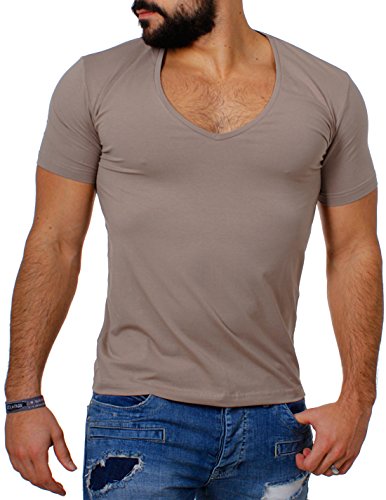 Young & Rich Herren Uni T-Shirt mit extra tiefem V-Ausschnitt Slimfit deep V-Neck Stretch dehnbar Basic Shirt 1315, Grösse:L, Farbe:Hellbraun von Young & Rich