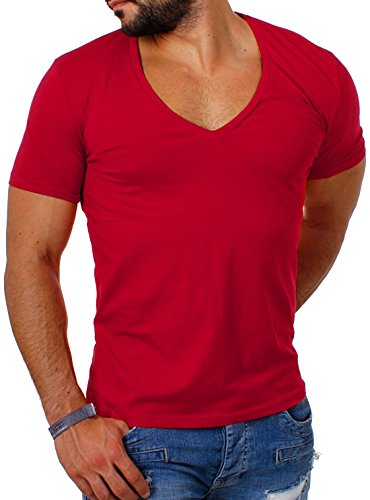 Young & Rich Herren Uni T-Shirt mit extra tiefem V-Ausschnitt Slimfit deep V-Neck Stretch dehnbar Basic Shirt 1315, Grösse:L, Farbe:Rot von Young&Rich