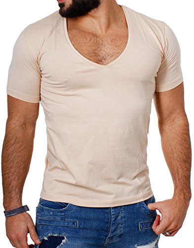 Young & Rich Herren Uni T-Shirt mit extra tiefem V-Ausschnitt Slimfit deep V-Neck Stretch dehnbar Basic Shirt 1315, Grösse:M, Farbe:Beige von Young & Rich
