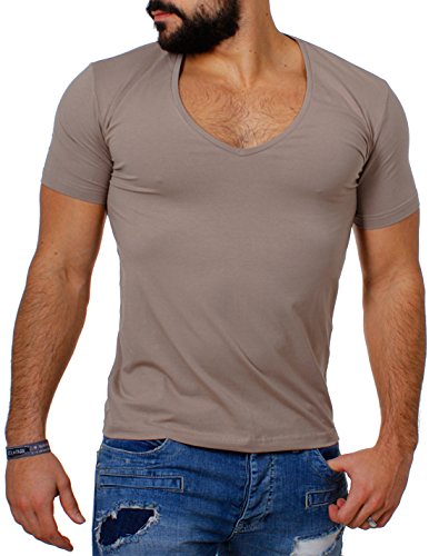 Young & Rich Herren Uni T-Shirt mit extra tiefem V-Ausschnitt Slimfit deep V-Neck Stretch dehnbar Basic Shirt 1315, Grösse:S, Farbe:Hellbraun von Young&Rich