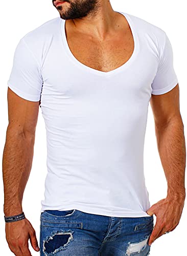 Young & Rich Herren Uni T-Shirt mit extra tiefem V-Ausschnitt Slimfit deep V-Neck Stretch dehnbar Basic Shirt 1315, Grösse:S, Farbe:Weiß von Young&Rich