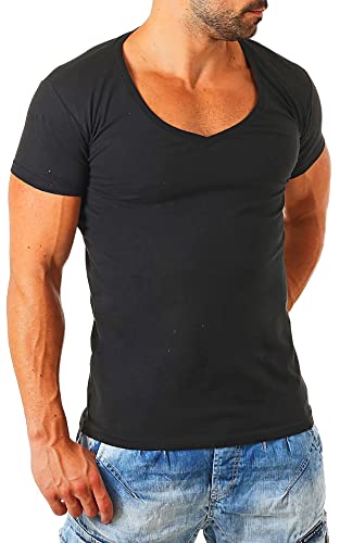 Young & Rich Herren Uni T-Shirt mit extra tiefem V-Ausschnitt Slimfit deep V-Neck Stretch dehnbar Basic Shirt 1315, Grösse:L, Farbe:Schwarz von Young&Rich