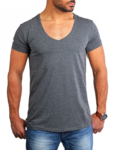 Young & Rich Herren Uni T-Shirt mit extra tiefem V-Ausschnitt Slimfit deep V-Neck Stretch dehnbar Basic Shirt 1315, Grösse:M, Farbe:Dunkelgrau von Young&Rich