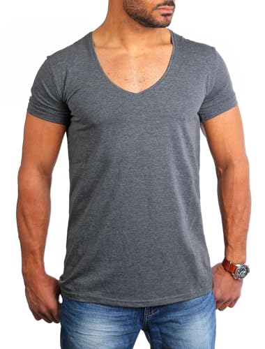 Young & Rich Herren Uni T-Shirt mit extra tiefem V-Ausschnitt Slimfit deep V-Neck Stretch dehnbar Basic Shirt 1315, Grösse:M, Farbe:Dunkelgrau von Young & Rich