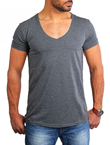 Young & Rich Herren Uni T-Shirt mit extra tiefem V-Ausschnitt Slimfit deep V-Neck Stretch dehnbar Basic Shirt 1315, Grösse:S, Farbe:Dunkelgrau von Young&Rich