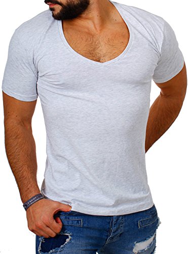 Young & Rich Herren Uni T-Shirt mit extra tiefem V-Ausschnitt Slimfit deep V-Neck Stretch dehnbar Basic Shirt 1315, Grösse:XL, Farbe:Hellgrau von Young & Rich