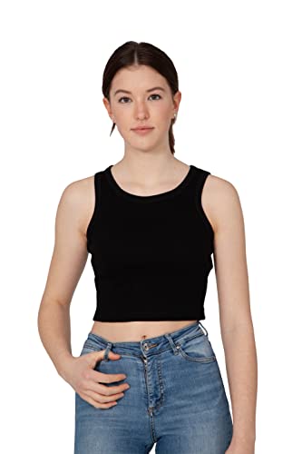 Young & Rich Damen Crop Top, Sleeveless Racerback Basic Top, Tank Top, Summer Shirt, XS- XL, Crewneck (S, Schwarz) von Young&Rich