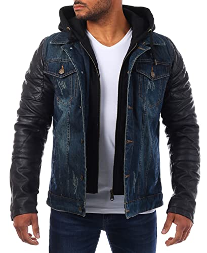 Young & Rich Herren 2in1 Jeans Jacke gefüttert Kontrast blau schwarz mit Kunstleder Ärmeln Kapuze Vintage Used Destroyed Double Layer Look, Grösse:M von Young&Rich