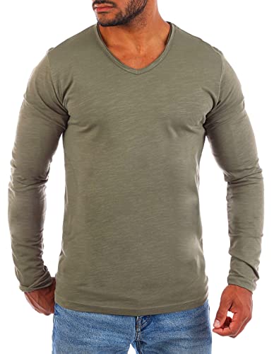 Young & Rich Herren Basic Longsleeve Langarm T-Shirt mit tiefem V-Ausschnitt deep v-Neck Vintage Destroyed Look körperbetonte Passform YR-2240, Grösse:3XL, Farbe:Militär-Grün von Young&Rich