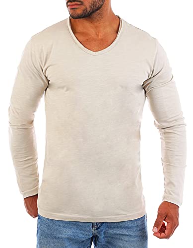 Young & Rich Herren Basic Longsleeve Langarm T-Shirt mit tiefem V-Ausschnitt deep v-Neck Vintage Destroyed Look körperbetonte Passform YR-2240, Grösse:L, Farbe:Beige von Young&Rich