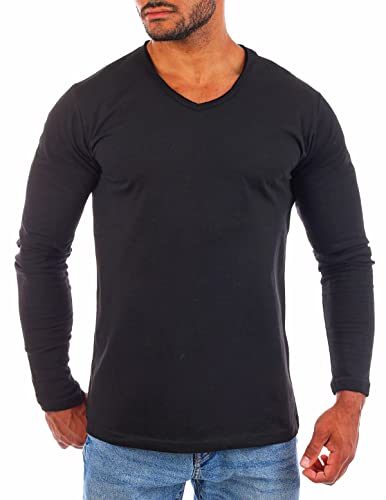 Young & Rich Herren Basic Longsleeve Langarm T-Shirt mit tiefem V-Ausschnitt deep v-Neck Vintage Destroyed Look körperbetonte Passform YR-2240, Grösse:XXL, Farbe:Schwarz von Young&Rich