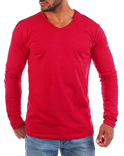 Young & Rich Herren Basic Longsleeve Langarm T-Shirt mit tiefem V-Ausschnitt deep v-Neck Vintage Destroyed Look körperbetonte Passform YR-2240, Grösse:M, Farbe:Rot von Young & Rich