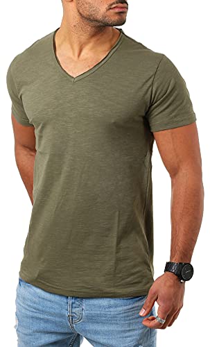 Young & Rich Herren Basic T-Shirt mit tiefem V-Ausschnitt deep v-Neck Vintage Look körperbetonte Passform YR-120, Grösse:3XL, Farbe:Militär-Grün von Young&Rich