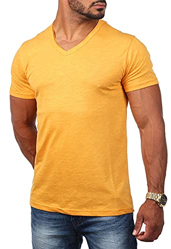 Young & Rich Herren Basic T-Shirt mit tiefem V-Ausschnitt deep v-Neck Vintage Look körperbetonte Passform YR-120, Grösse:3XL, Farbe:Orange von Young&Rich