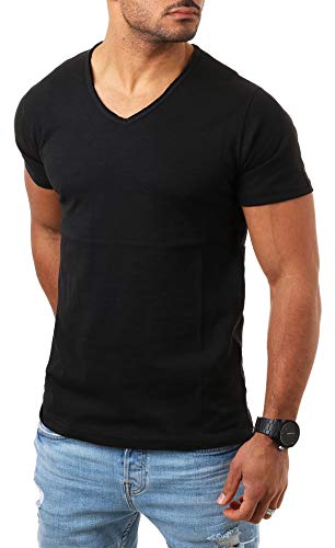 Young & Rich Herren Basic T-Shirt mit tiefem V-Ausschnitt deep v-Neck Vintage Look körperbetonte Passform YR-120, Grösse:3XL, Farbe:Schwarz von Young&Rich