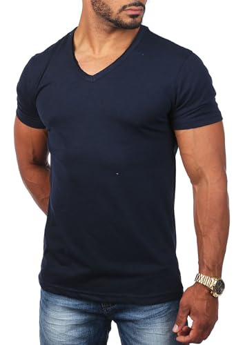 Young&Rich Herren Basic T-Shirt mit tiefem V-Ausschnitt deep v-Neck Vintage Look körperbetonte Passform YR-120, Grösse:L, Farbe:Dunkelblau von Young&Rich