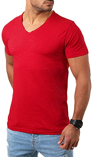 Young & Rich Herren Basic T-Shirt mit tiefem V-Ausschnitt deep v-Neck Vintage Look körperbetonte Passform YR-120, Grösse:L, Farbe:Rot von Young&Rich