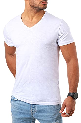 Young & Rich Herren Basic T-Shirt mit tiefem V-Ausschnitt deep v-Neck Vintage Look körperbetonte Passform YR-120, Grösse:M, Farbe:Weiß von Young&Rich