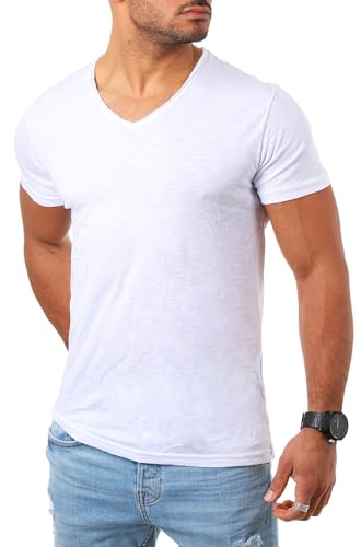 Young & Rich Herren Basic T-Shirt mit tiefem V-Ausschnitt deep v-Neck Vintage Look körperbetonte Passform YR-120, Grösse:XXL, Farbe:Weiß von Young&Rich