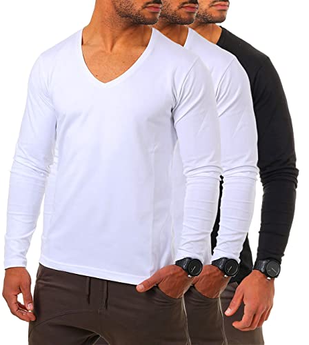 Young & Rich Herren Langarm Shirt mit tiefem V-Ausschnitt deep v-Neck Longsleeve Slim fit Stretch 2239, Grösse:3XL, Farbe:2X Weiß / 1x Schwarz (3er Pack) von Young & Rich