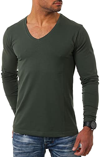 Young & Rich Herren Langarm Shirt mit tiefem V-Ausschnitt deep v-Neck Longsleeve Slim fit Stretch 2239, Grösse:3XL, Farbe:Militär-Grün von Young&Rich