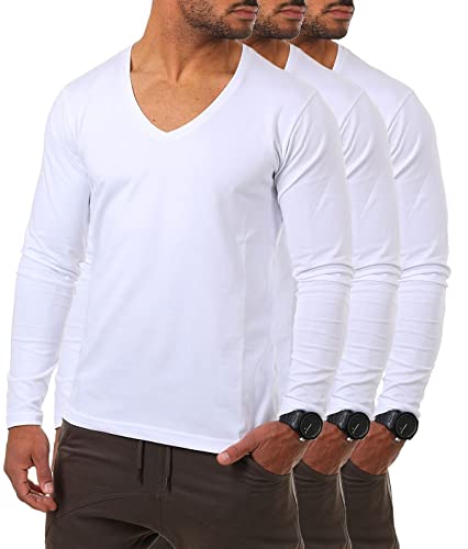 Young & Rich Herren Langarm Shirt mit tiefem V-Ausschnitt deep v-Neck Longsleeve Slim fit Stretch 2239, Grösse:3XL, Farbe:Weiß (3er Pack) von Young & Rich