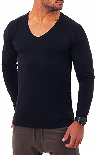 Young & Rich Herren Langarm Shirt mit tiefem V-Ausschnitt deep v-Neck Longsleeve Slim fit Stretch 2239, Grösse:L, Farbe:Dunkelblau von Young&Rich