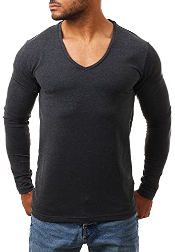 Young & Rich Herren Langarm Shirt mit tiefem V-Ausschnitt deep v-Neck Longsleeve Slim fit Stretch 2239, Grösse:L, Farbe:Dunkelgrau von Young&Rich