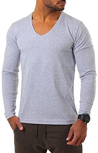 Young & Rich Herren Langarm Shirt mit tiefem V-Ausschnitt deep v-Neck Longsleeve Slim fit Stretch 2239, Grösse:L, Farbe:Grau von Young&Rich