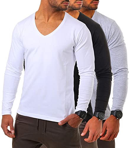 Young & Rich Herren Langarm Shirt mit tiefem V-Ausschnitt deep v-Neck Longsleeve Slim fit Stretch 2239, Grösse:L, Farbe:Weiß/Schwarz/Grau Melange (3er Pack) von Young & Rich